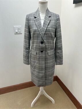 Banana Republic Women's Gray and Black Plaid Long Blazer Coat